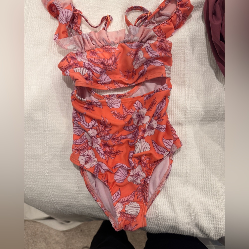 Floral Kids One Piece Swimsuit with cutouts and ruffle detail